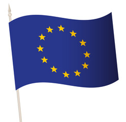 Vector Waving flag on a flagpole. The national flag of European Union. Color symbol isolated on white.