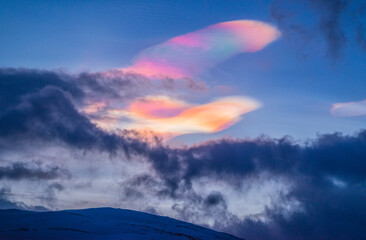 Rainbow clouds in Northern Norway. Clouds iridescence in polar stratospheric.