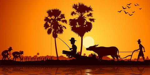 country life of Asia boy fishing while farmer plants rice and another plows field by buffalo. Sunrise time silhouette style vector illustration
