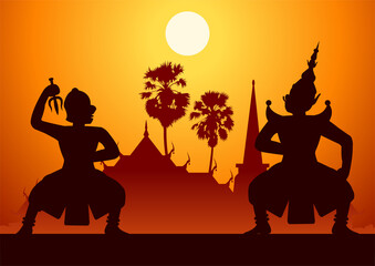 Fototapeta premium Thai ancient literature play of Ramaya called pantomine leader of monkey ready to fight with king of giant,silhouette style,vector illustration