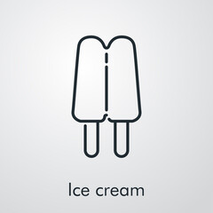 Símbolo helado doble con paleta de madera. Icono plano lineal con texto Ice cream en fondo gris