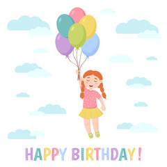 Birthday greeting card. A girl is flying in the sky on balloons. Cartoon style. Vector illustration.