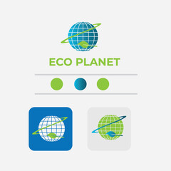 eco planet Logo, environmental protection Sign, Blue and green earth, globe and branch with leaves, ecosystem. Vector illustration Eps10
