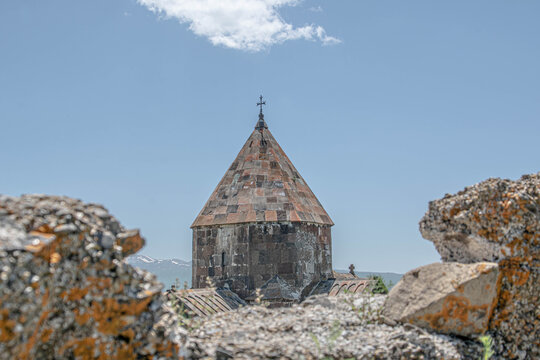 Church in nature. Beautiful architecture of churches. Armenian monasteries and churches. Apostolic churches. Monastery complex. Beautiful temples. Monastery of Sevanavank in Lake Sevan