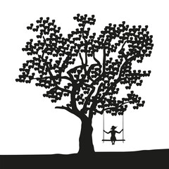 girl on a swing under a big tree at sunset vector illustration EPS10