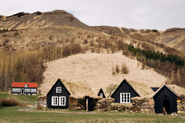 Fototapeta na wymiar Ancient black wooden houses with a bourse on the roof, against the backdrop of the forest and mountains in Iceland.