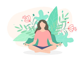 Obraz na płótnie Canvas Woman meditating in nature leaves. Activity in door for yoga, meditation, relax, recreation and healthy concept. Flat style vector illustration