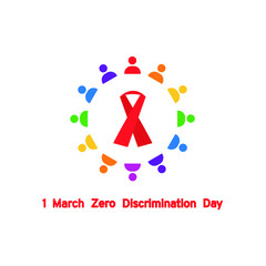 Zero discrimination day. The contours of people of different colors are arranged in a circle. In the center is a red ribbon, symbol of AIDS Day, HIV. Concept: international care for people with AIDS.