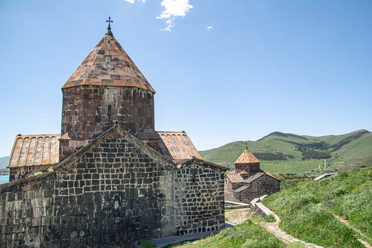 Sevanavank - The monastery complex . Church in nature. Beautiful architecture of churches. Armenian monasteries and churches. Apostolic churches. Monastery complex. Beautiful temples.