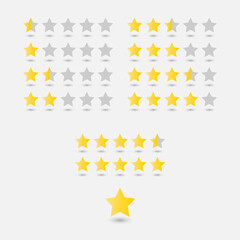 Vector full 5 star rating icon set with lighted yellow golden and grey stars. Isolated flat illustration for reviews, feedbacks on white background. Template for products and services