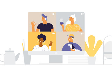Desktop computer with group of men and women taking part in online video conference. Friends communicate virtually. Different people on the monitor screen. Vector illustration in flat design.