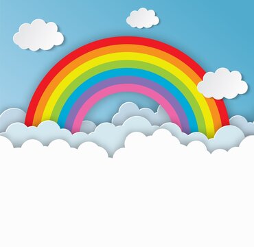 Cloud and Rainbow in the Blue sky with paper art style the concept is summer season. background for children bedroom, baby room decor. Vector illustration