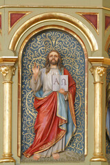 Jesus Christ alpha and omega, pulpit in the Church of Visitation of the Virgin Mary in Vukovina,...