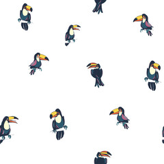 Tropical exotic birds parrots toucans summer seamless hipster background pattern.