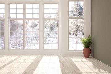 Fototapeta na wymiar White stylish minimalist room in grey color with sofa and winter landscape in window. Scandinavian interior design. 3D illustration