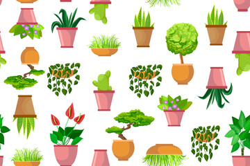 Flower pots, houseplants - Vector seamless pattern. Decorative light background. Evergreen flat cartoon patterns. Printing on paper, covers, fabric. Bonsai, succulent, cactus and flowers