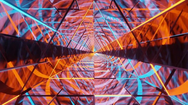 Motion graphics sci fi: travel inside futuristic dynamic triangular spaceship corridor of orange and teal patterns and straight lines