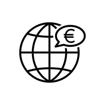 recommend clip art: Icono plano lineal globo terráqueo con euro en burbuja de habla en color negro