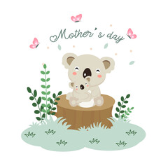 Happy Mother's day card. Mother Koala hugging her baby.
