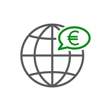 recommend clip art: Icono plano lineal globo terráqueo con euro en burbuja de habla en verde y negro