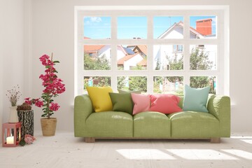 Colorful stylish minimalist room with sofa. Scandinavian interior design. 3D illustration