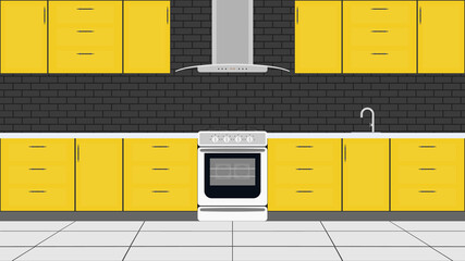 Stylish kitchen in a flat style. Yellow Kitchen Cabinets, Stove, Oven. Vector.