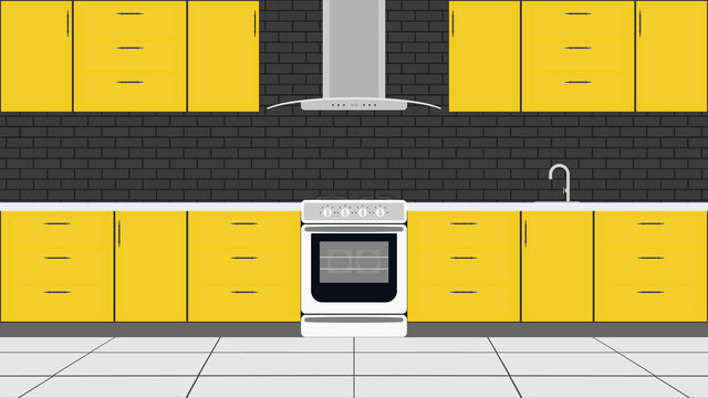 Stylish Kitchen In A Flat Style. Yellow Kitchen Cabinets, Stove, Oven. Vector.