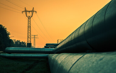 Electric wires and district heating tubes at sunrise