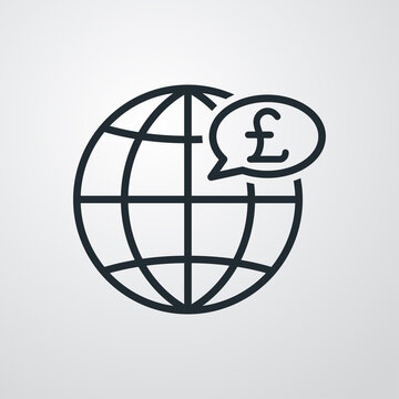 recommend clip art: Icono plano lineal globo terráqueo con libra esterlina en burbuja de habla en fondo gris