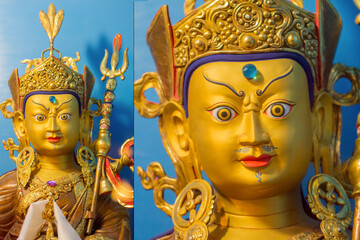 Obraz premium Double photograph showing gold covered statue of tibetan buddhist master Guru Rimpoche or Padmasambhava.