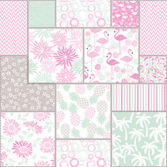 Seamless abstract colorful patchwork pattern from flowers in tropical motifs. Vintage decorative elements. Hand drawn background in retro colors. Vector illustration