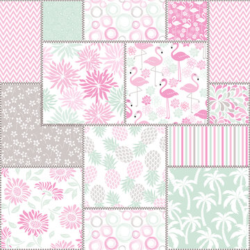 Seamless abstract colorful patchwork pattern from flowers in tropical motifs. Vintage decorative elements. Hand drawn background in retro colors. Vector illustration