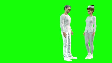 4k animation of a young avatar nurse walking and meeting a male doctor,  they stand a talk together on a medical subject.
