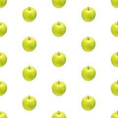 Pattern of green apples on a white background. Isolated fruits. Image for fabric, wallpaper and wrapping paper.