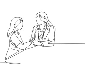 Fototapeta na wymiar Continuous line drawing of female obstetrician and gynecologist doctor handshake and congratulate a young happy pregnant mom about her pregnancy. One line drawing vector illustration