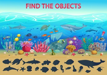 Fototapeta na wymiar Find the object. Big marine set of coral reef with algae tropical fish, a whale, an octopus, a turtle, jellyfish, a shark, an angler fish. Vector illustration in cartoon style.