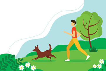 Man running with the dog in the Park. The concept of an active lifestyle. Cute summer illustration in flat style.