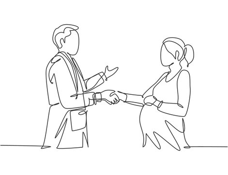 Continuous line drawing of obstetrician and gynecologist doctor handshake and congratulate a young happy pregnant mom about her pregnancy. One line drawing vector illustration