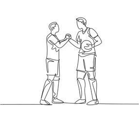 Continuous line drawing of two football player bring a ball and handshaking to show sportsmanship before starting the match. Respect in soccer sport concept. One line drawing vector illustration - obrazy, fototapety, plakaty