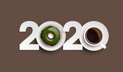 Happy New Year 2020 breakfast coffee & donuts background. Greeting card 2020 cup of coffee & donuts icing flyer. Coffee & donuts of date 2020 year view from above banner. Celebrate breakfast brochure