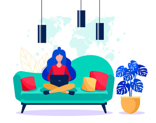 Girl with a laptop sitting on the coach. Freelance concept. Online work vector illustration.
