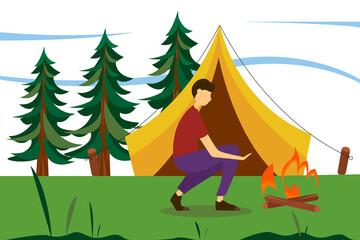 Tourist man warming his hands by the fire. The concept of an active lifestyle, Hiking, outdoor recreation. Cute vector illustration in flat style.