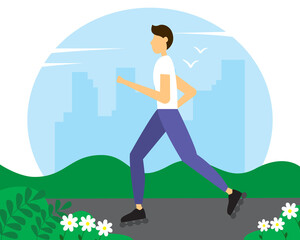 Man riding on roller skates in the Park. Vector illustration in flat style. 