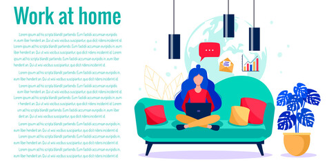Girl with a laptop sitting on the coach. Freelance concept. Online work vector flat illustration.