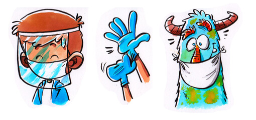 a doctor with a protection screen and a mask, a friendly monster with a mask, and a pair of hands putting on gloves, to protect from the Covid-19 virus pandemic