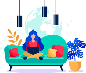 Girl with a laptop sitting on the coach. Freelance concept. Online work vector flat illustration.