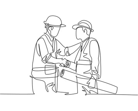 One line drawing of young architect holding on a roll paper and builder foreman wearing construction vest and helmet handshake to deal a project. Great teamwork concept. Continuous line drawing