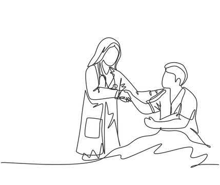 Continuous line drawing of young happy female doctor visit a patient who laying on bed in hospital and handshaking him to ask the condition.  Healthcare concept. One line drawing vector illustration