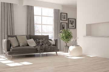 White stylish minimalist room with sofa. Scandinavian interior design. 3D illustration