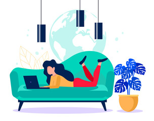 Girl with a laptop sitting on the coach. Freelance concept. Online work vector illustration.